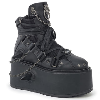 Demonia Damned-60 black platform ankle boot with chains, claw details and mesh panels 