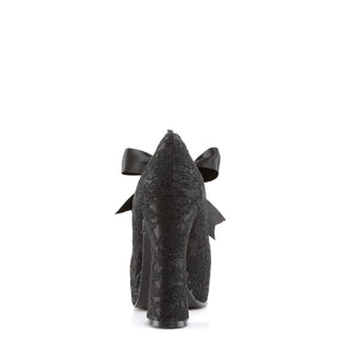 Back view of the Demonia DEMON-11 black lace Mary Jane shoe, showing the chunky heel and lace overlay detailing.