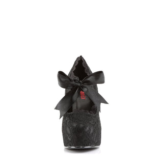 Front view of the Demonia DEMON-11 black lace Mary Jane shoe, featuring a satin ribbon tie and chunky platform heel.