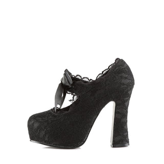 Opposite side view of the Demonia DEMON-11 black lace Mary Jane heel with a chunky platform and satin ribbon tie detail.