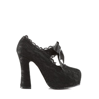 Side view of the Demonia DEMON-11 black lace Mary Jane heel with a chunky platform, lace trim, and satin ribbon bow.