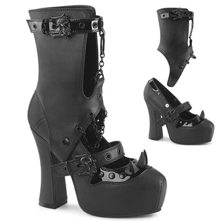 Demonia DEMON-13 black vegan leather platform heels with detachable ankle cuff, silicone spikes, skull buckle details, and chunky heel.