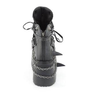 Black cyber goth platform boots back view with rear zipper, chain details and oversized matte platform sole