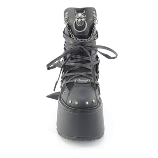 Black cyber goth platform boots front view with chain hardware, demon skull detail and lace-up mesh upper