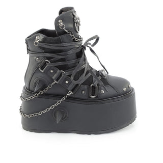 Black cyber goth platform boots with chain straps, mesh panels and oversized platform sole side view
