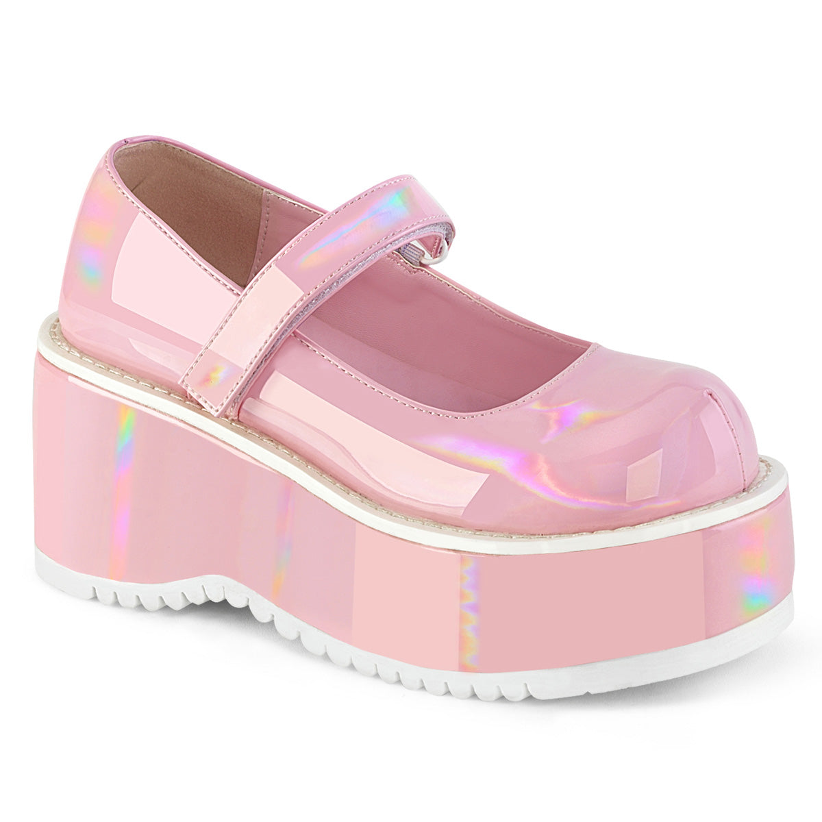 Demonia Dollie-01 Pink hologram platform mary janes
