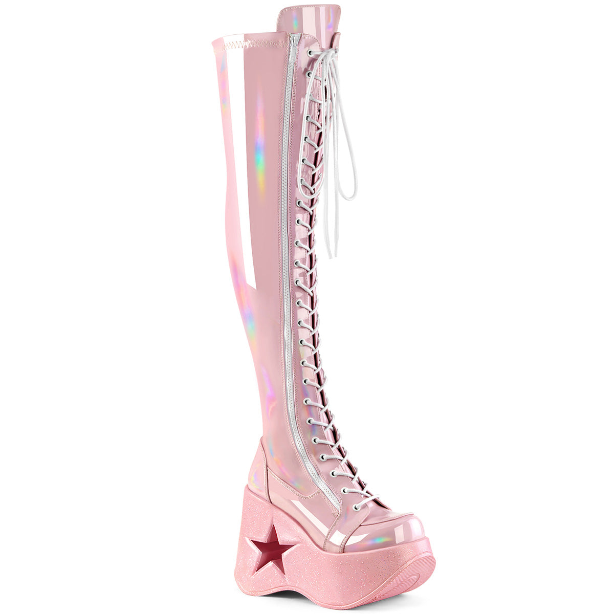 Demonia Dynamite-300 pink hologram star cut out platform over the knee boots