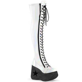 demonia dynamite-300 white star-cut-out wedge platform over the knee boots