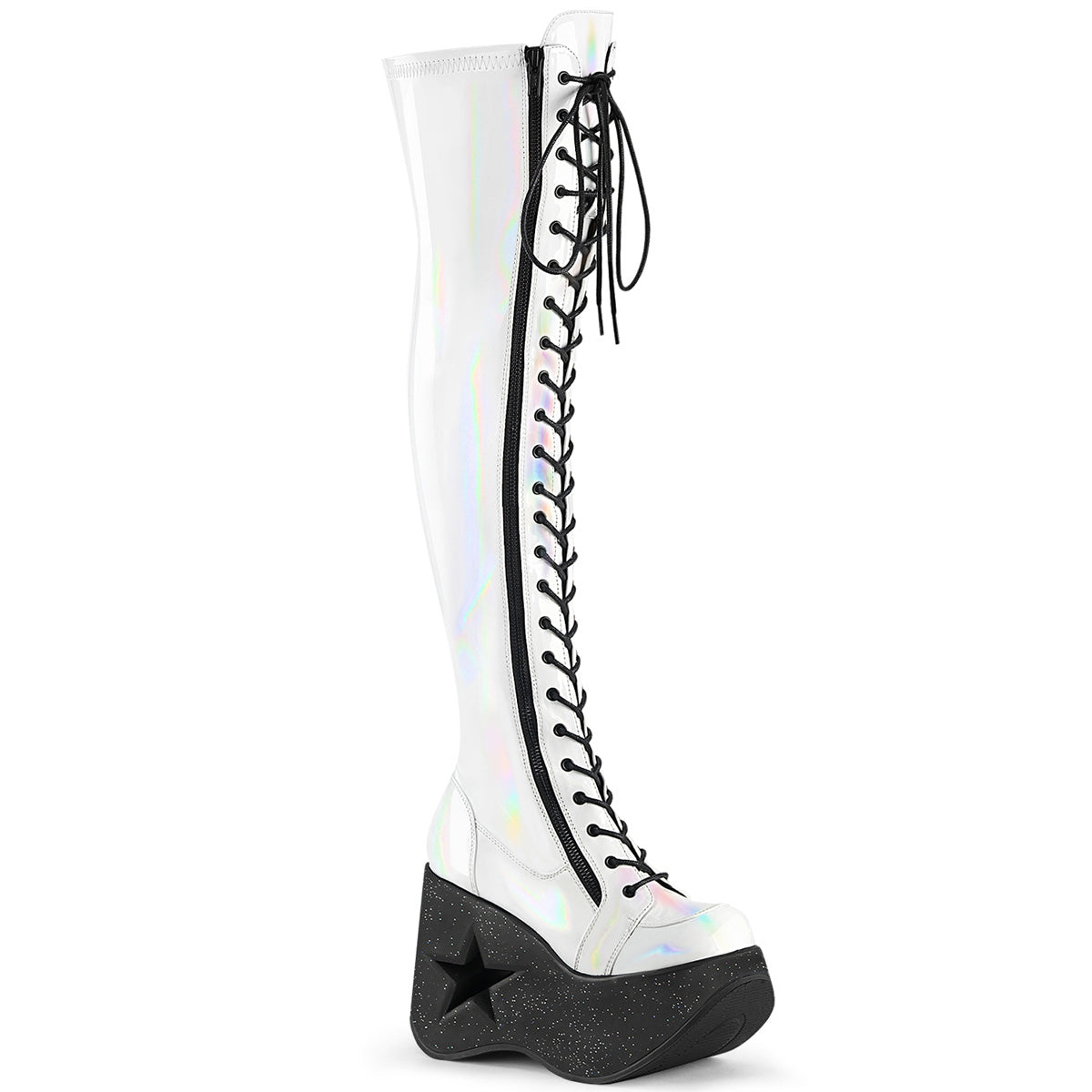 demonia dynamite-300 white star-cut-out wedge platform over the knee boots