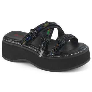 Demonia EMILY-07 black platform sandals with criss-cross straps and hologram bat buckles