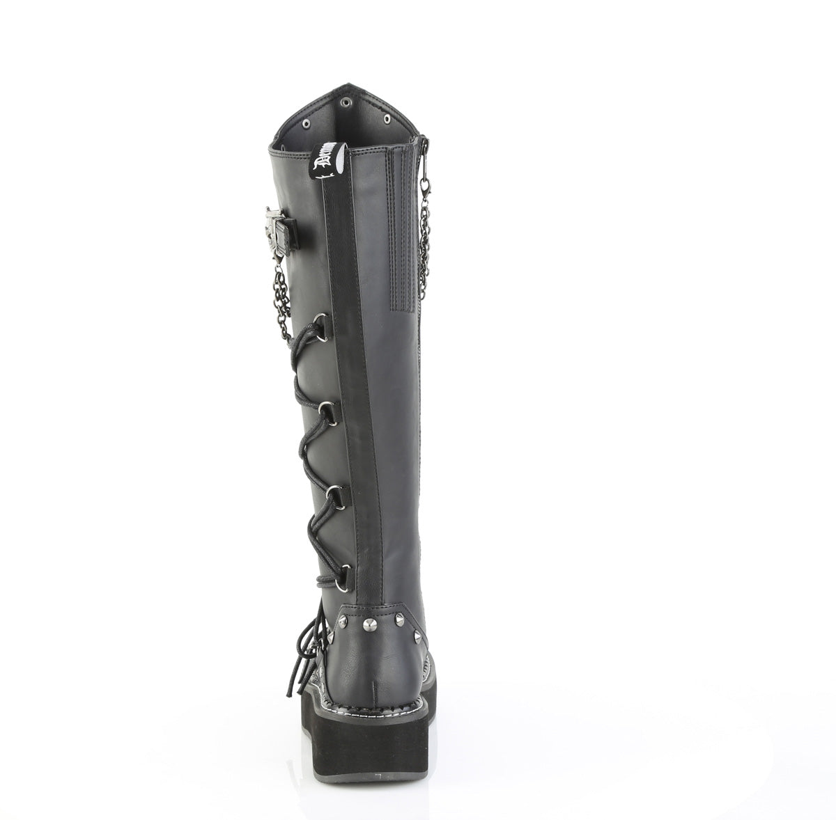 Back view of Demonia Emily-221 black knee-high platform boot with chains