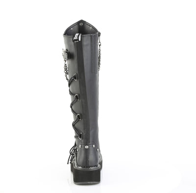 Back view of Demonia Emily-221 black knee-high platform boot with chains