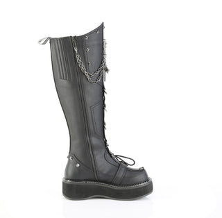 Side view of Demonia Emily-221 black knee-high platform boot with chains on white background