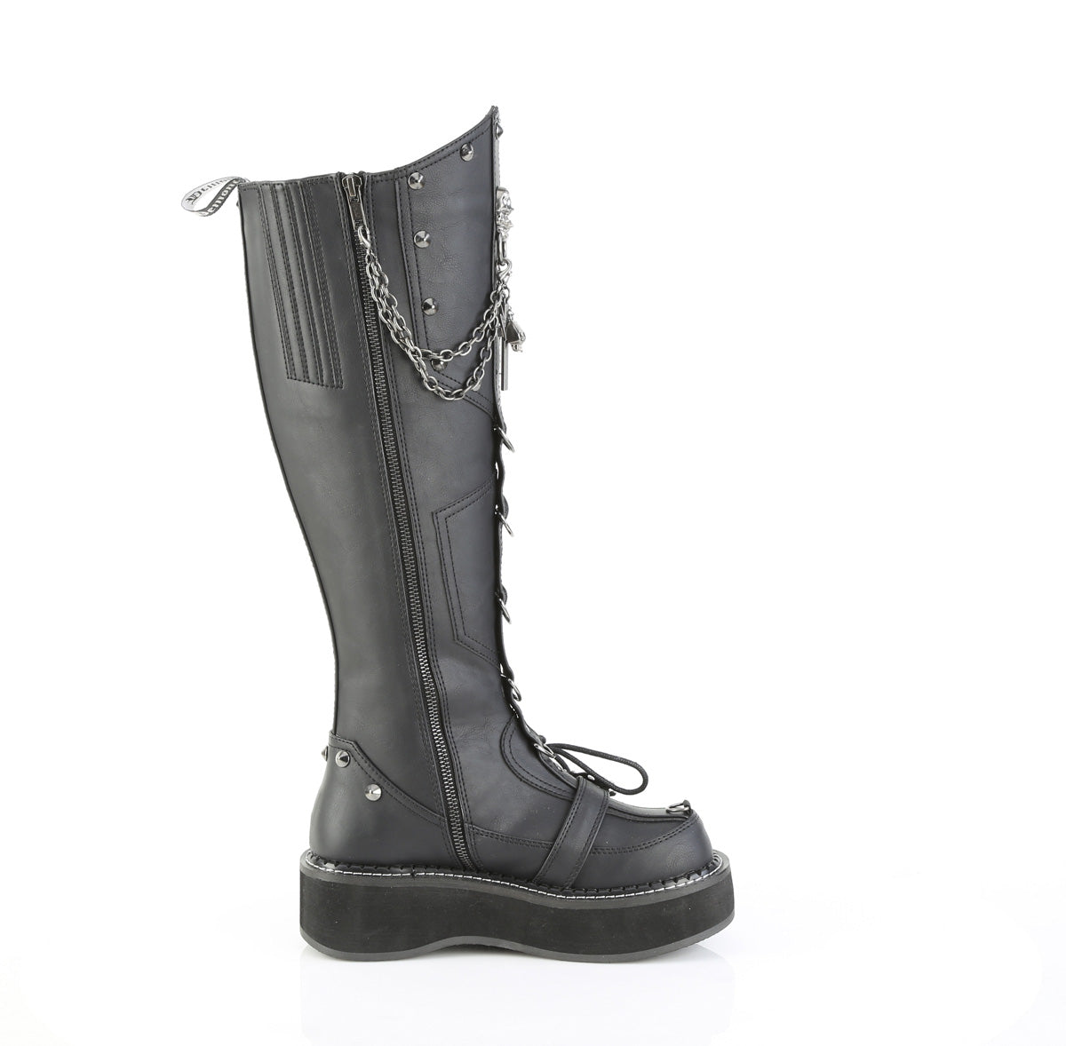 Side view of Demonia Emily-221 black knee-high platform boot with chains on white background