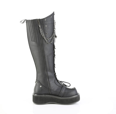 Side view of Demonia Emily-221 black knee-high platform boot with chains on white background