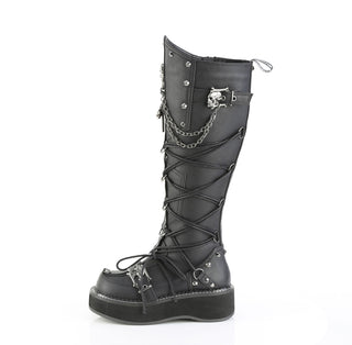 Demonia Emily-221 black vegan leather knee-high platform boot with chains, skull buckle, and side lacing on white background