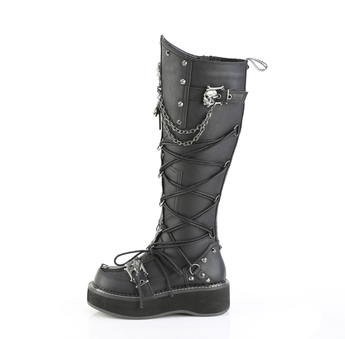 Demonia Emily-221 black vegan leather knee-high platform boot with chains, skull buckle, and side lacing on white background