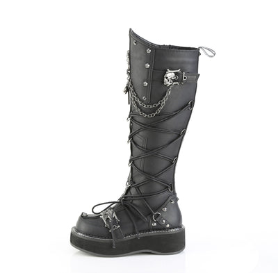 Demonia Emily-221 black vegan leather knee-high platform boot with chains, skull buckle, and side lacing on white background