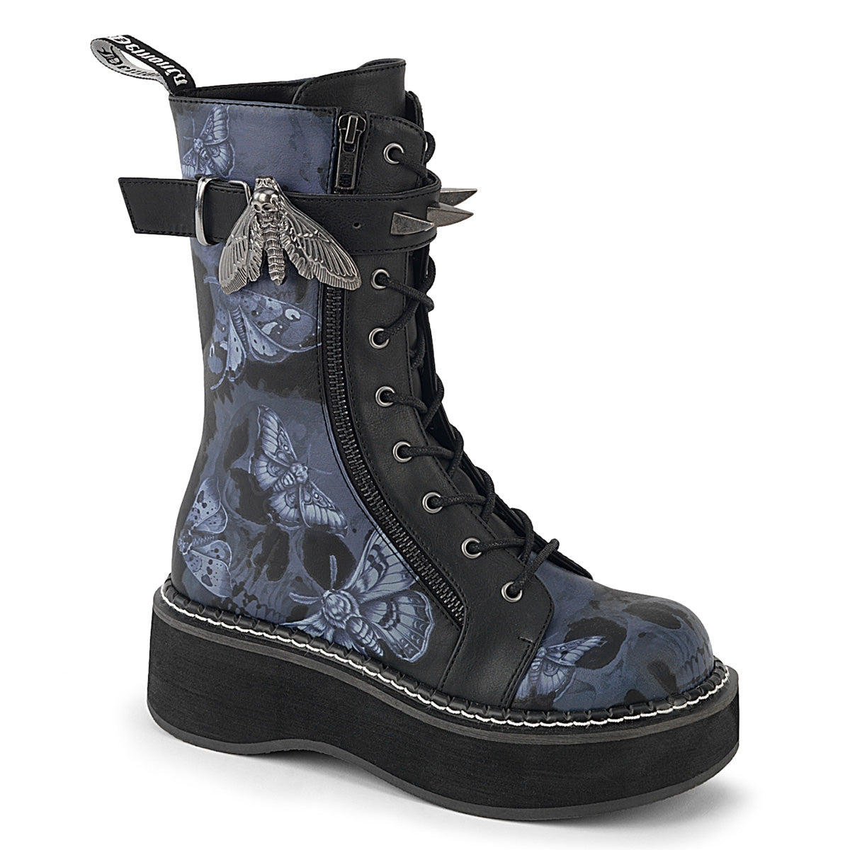 Black platform mid-calf boot with blue skull and moth print, front laces, side zipper, and metal death-moth strap detail.