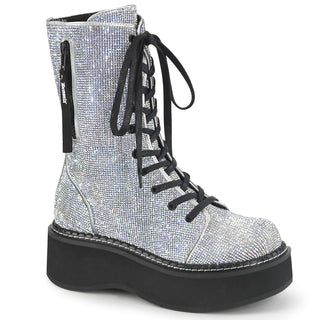 Silver rhinestone-covered Demonia Emily-362 platform boots with lace-up front, side zip pocket and chunky black platform sole