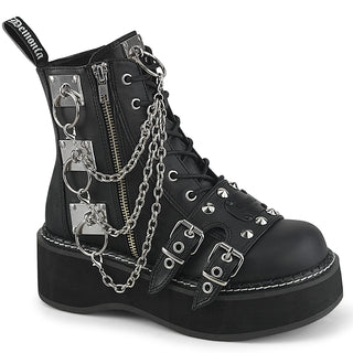 Black Demonia Emily-57 platform ankle boot with chains, O-rings, studs and side zippers on a white background