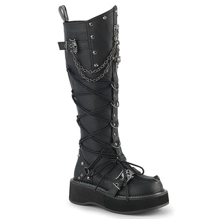 Demonia Emily-221 black vegan leather knee-high platform boot with chains, skull buckle, and side lacing on white background