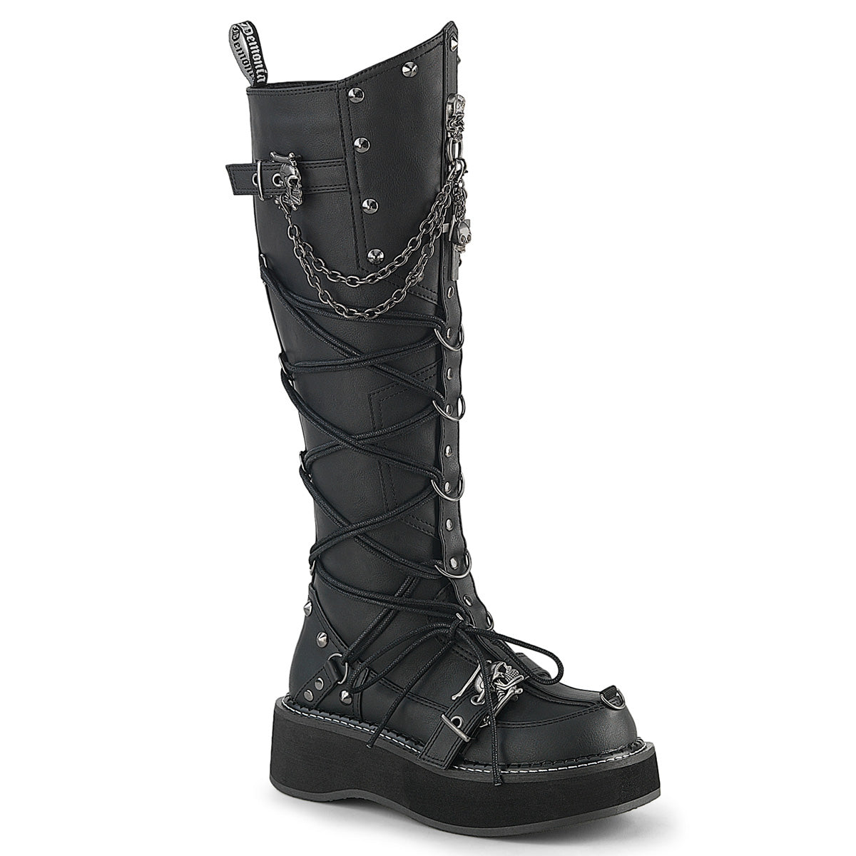 Demonia Emily-221 black vegan leather knee-high platform boot with chains, skull buckle, and side lacing on white background