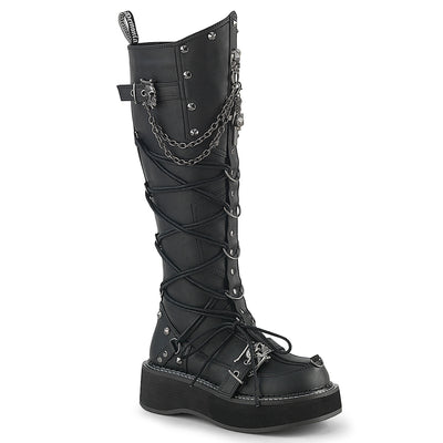 Demonia Emily-221 black vegan leather knee-high platform boot with chains, skull buckle, and side lacing on white background
