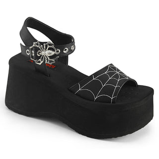Demonia FUNN-10 black platform sandals with spiderweb embroidered vamp and spider buckle