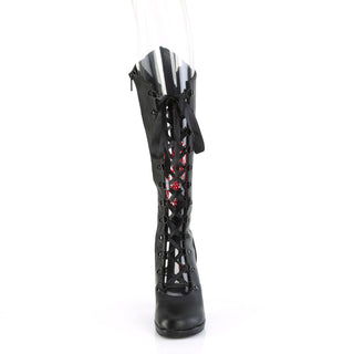 front view of demonia glam-243 showing open front and lace-up