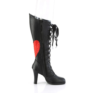 inner side view of demonia glam-243 knee boots showing side zipper and half of heart design