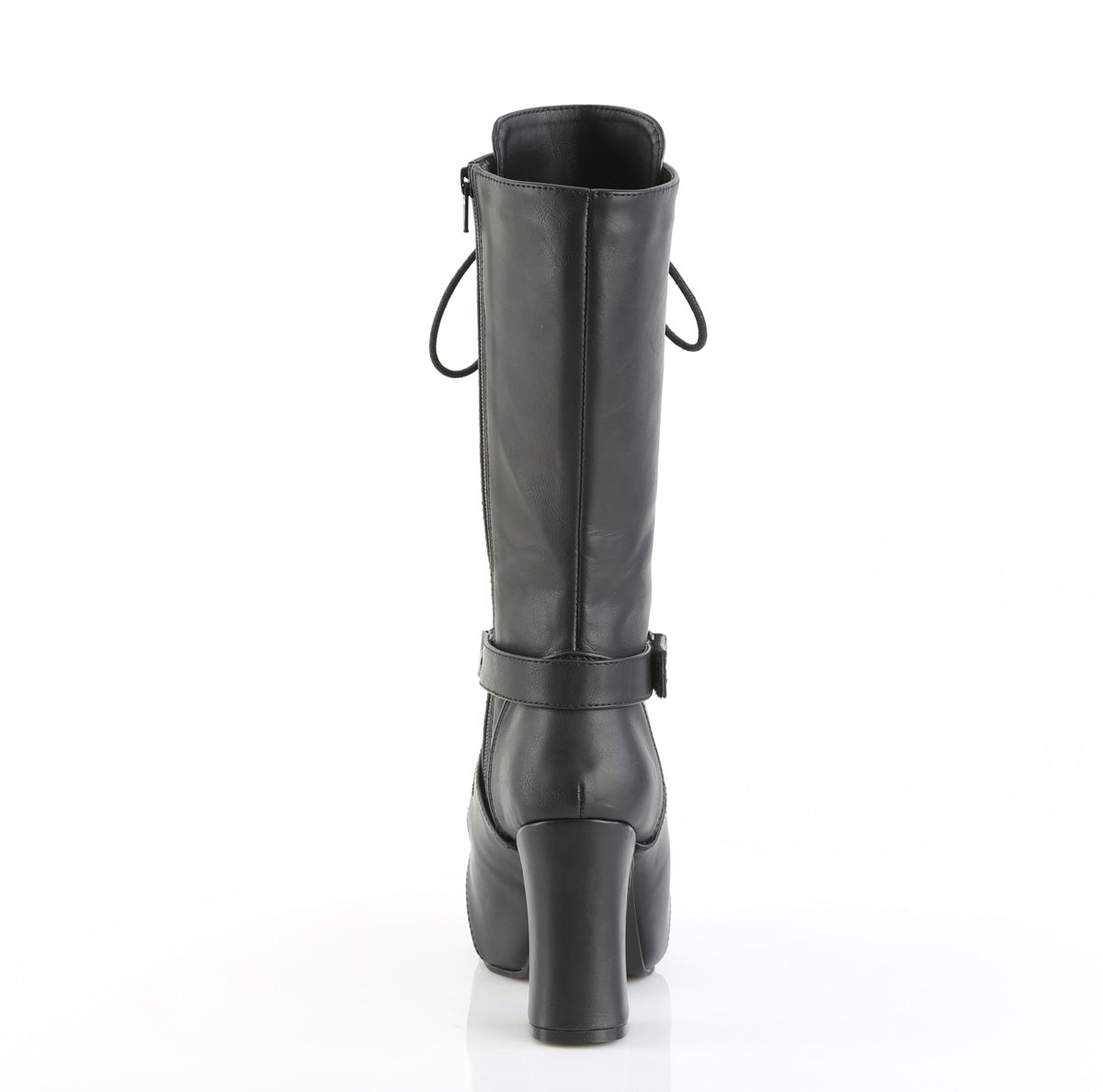 Back view of the Demonia Gothika‑152 black vegan leather mid‑calf boot with chunky heel, wrap‑around strap, and lace‑up front, displayed against a white background.