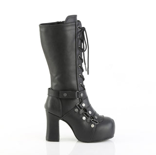 Side view of the Demonia Gothika‑152 black vegan leather mid‑calf boot with chunky heel, lace‑up front, wrap‑around strap, and screw‑studded vamp shield.