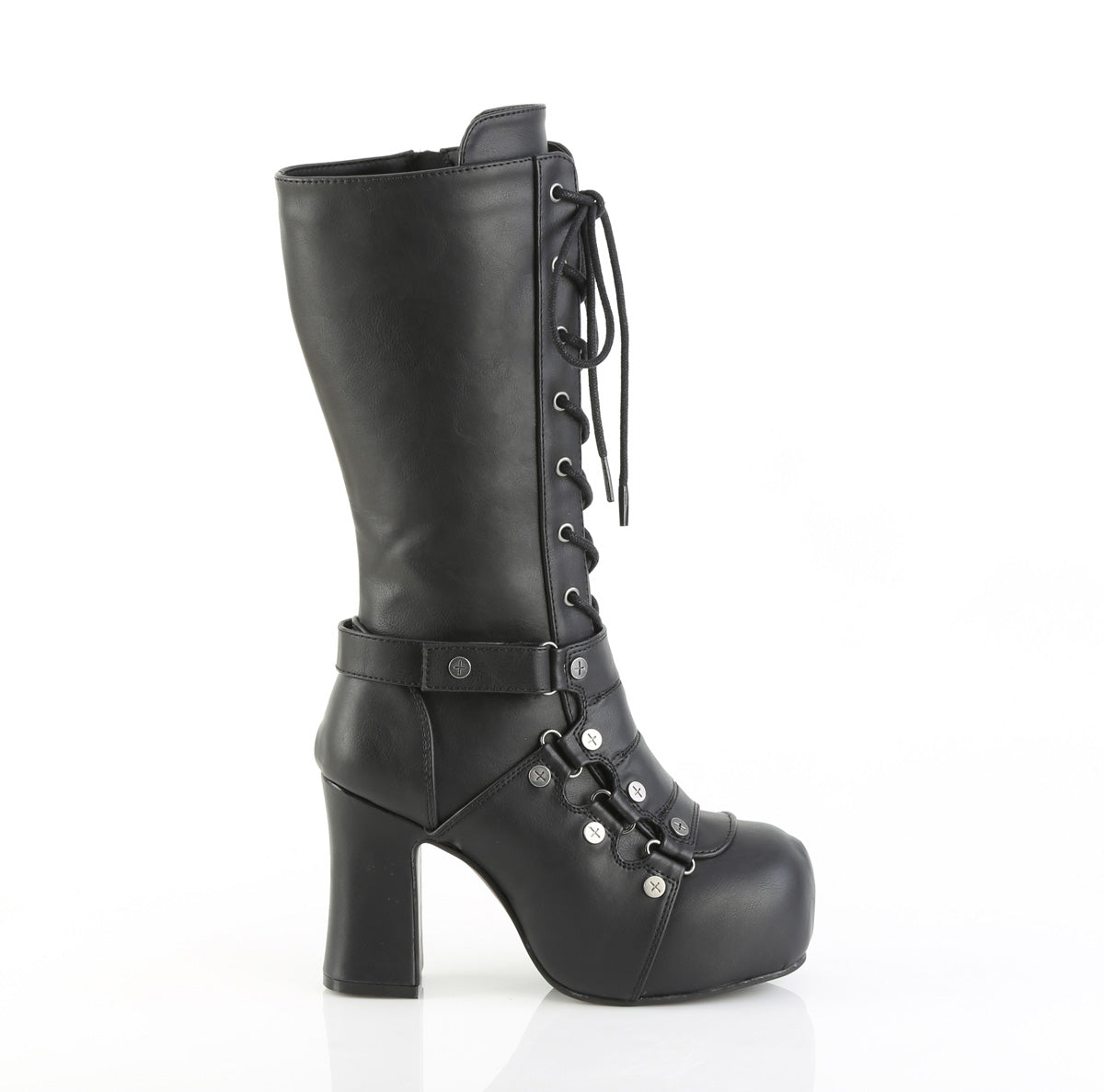 Side view of the Demonia Gothika‑152 black vegan leather mid‑calf boot with chunky heel, lace‑up front, wrap‑around strap, and screw‑studded vamp shield.