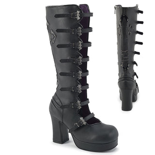 Demonia Gothika-160 black knee-high platform boots with bat buckle straps and open front design, back cross detail