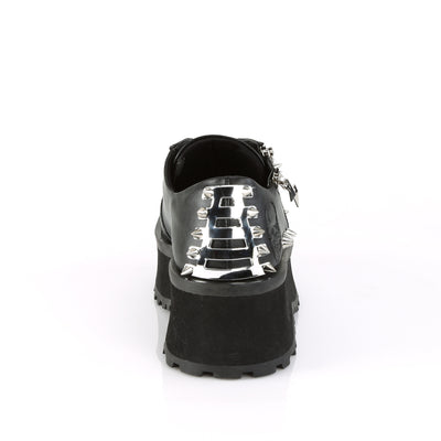 Back view of Demonia Gravedigger-04 black platform Oxford with skull-embossed heel, chrome plates, and spike details on a white background.”