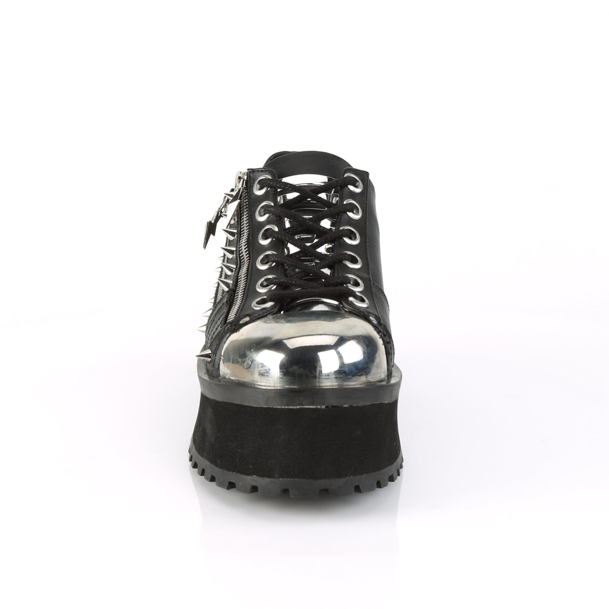 Front view of Demonia Gravedigger-04 black platform Oxford with chrome toe cap, laces, and zipper details on a white background.