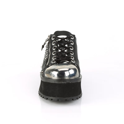 Front view of Demonia Gravedigger-04 black platform Oxford with chrome toe cap, laces, and zipper details on a white background.