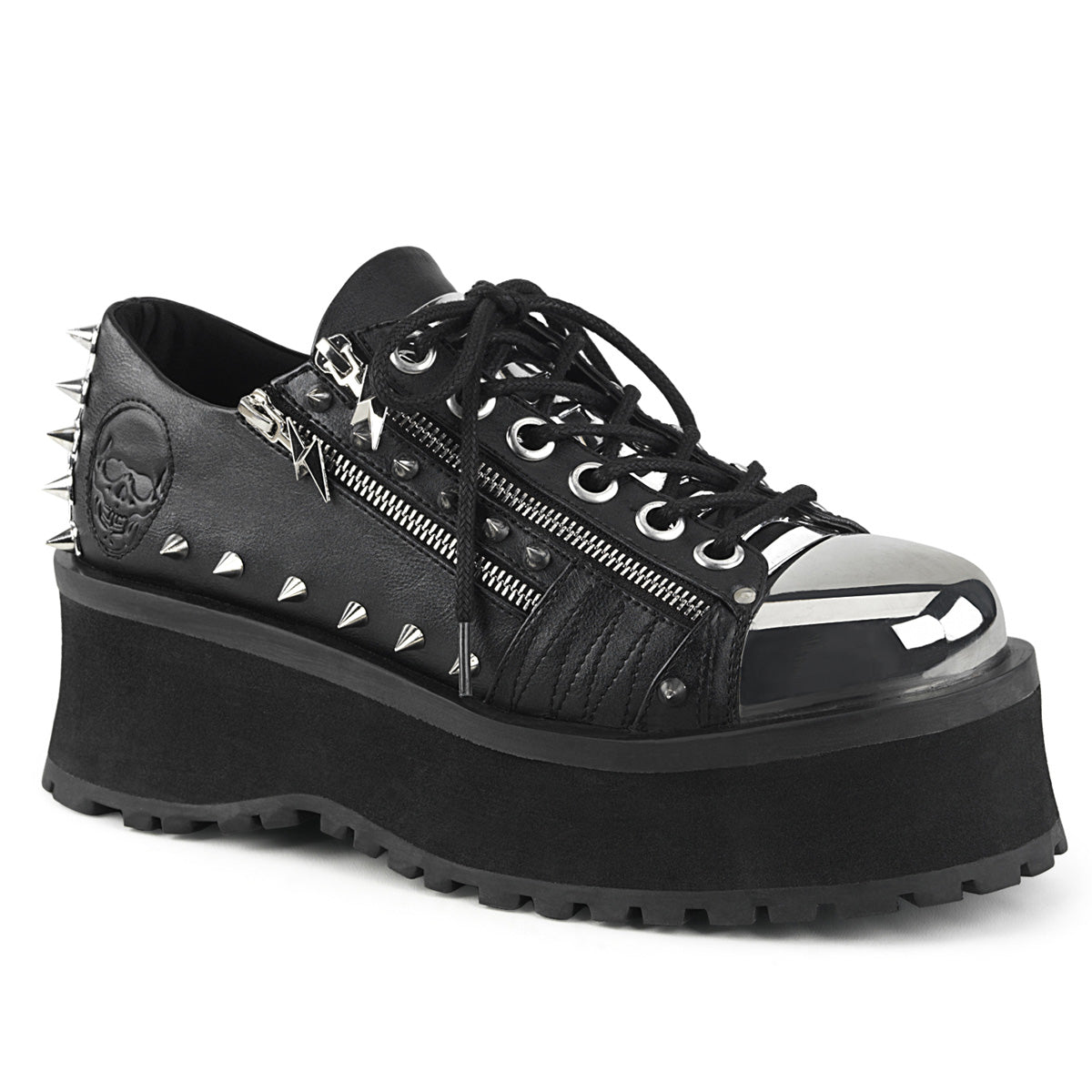 Demonia Gravedigger-04 unisex black platform Oxford shoe with silver chrome toe cap, metal zippers, pyramid studs, and embossed skull heel.