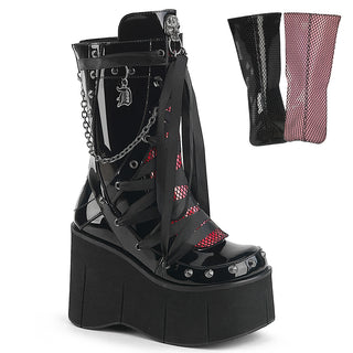 Demonia Kera-121 black patent mid-calf platform boots with criss-cross ribbon laces, detachable silver chain, Demonia logo charm, and interchangeable red and black fishnet inserts.