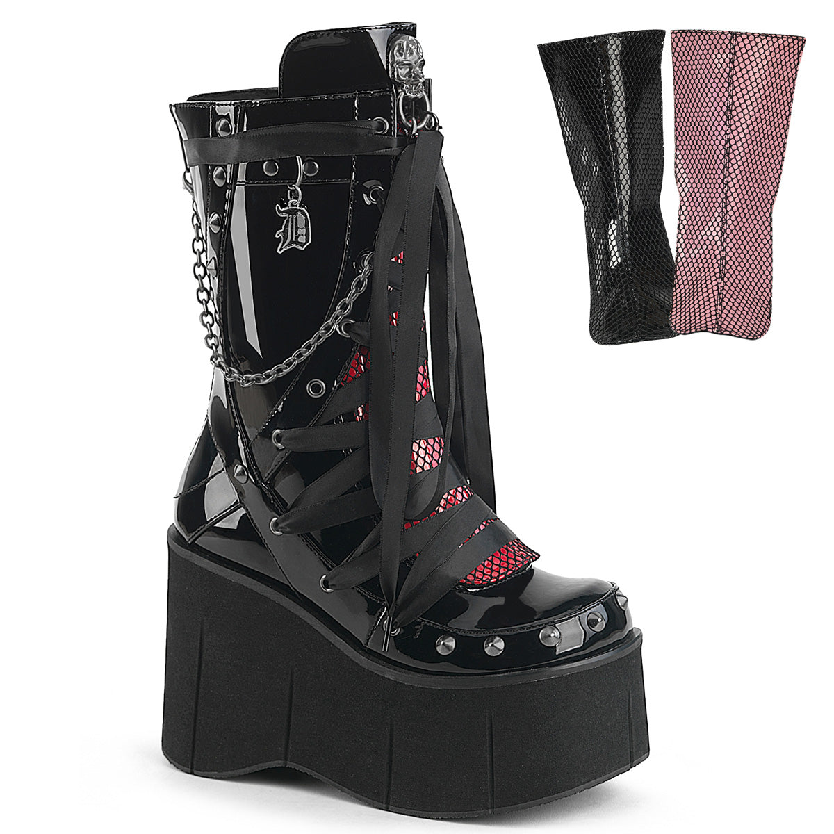 Demonia Kera-121 black patent mid-calf platform boots with criss-cross ribbon laces, detachable silver chain, Demonia logo charm, and interchangeable red and black fishnet inserts.