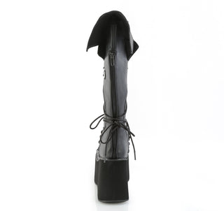 Back view of Demonia KERA-203 black knee-high platform boot with 4.5-inch sole, vampiric back panel, lacing details, and full side zipper on white background.