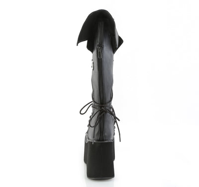 Back view of Demonia KERA-203 black knee-high platform boot with 4.5-inch sole, vampiric back panel, lacing details, and full side zipper on white background.