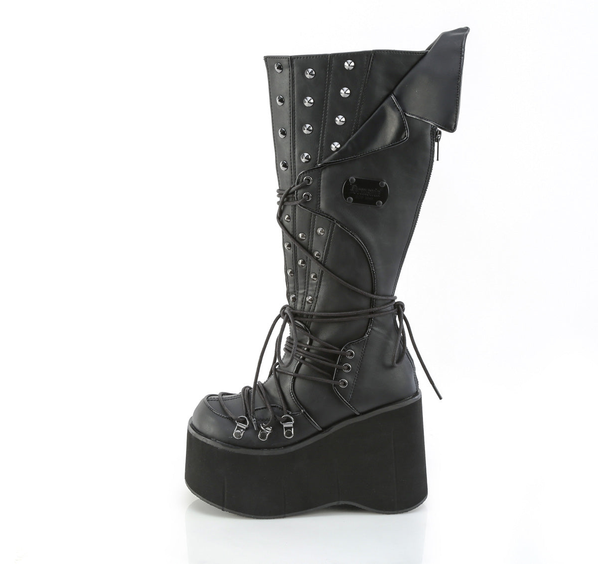 Other side view of Demonia KERA-203 black knee-high platform boot with 4.5-inch sole, D-ring lacing, cone spike studs, and vampiric back panel on white background.