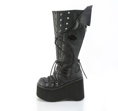 Other side view of Demonia KERA-203 black knee-high platform boot with 4.5-inch sole, D-ring lacing, cone spike studs, and vampiric back panel on white background.