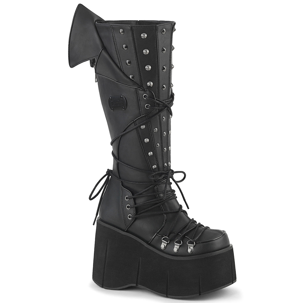 Demonia KERA-203 knee-high black platform boot with 4.5-inch sole, D-ring lacing, cone spike studs, vampiric back panel, and full side zip on white background
