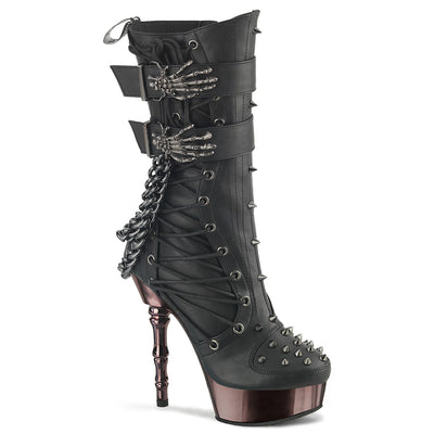Demonia Muerto-159 black mid-calf platform boot with finger heel, corset lacing, skeleton buckle straps, spike studs, and hanging chain detail