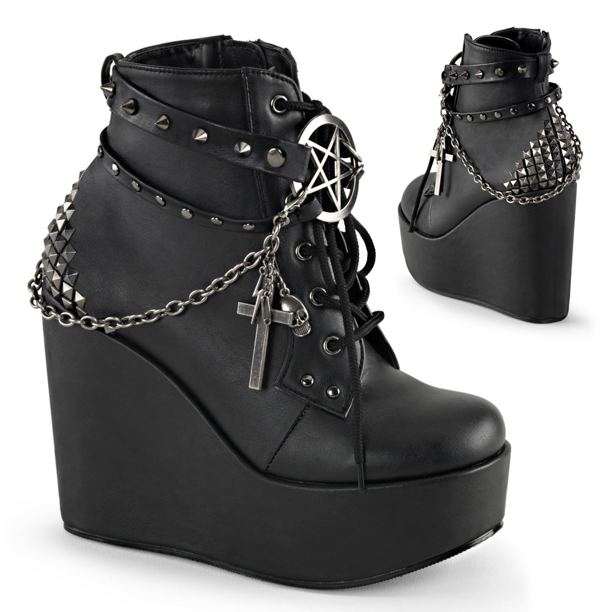 Black wedge ankle boots with studded straps, a pentagram charm, and chain details on a plain white background.