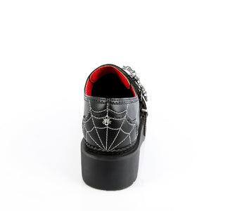 Back view of Demonia Rebel-03 platform oxford shoe with spiderweb stitching and spider charm.