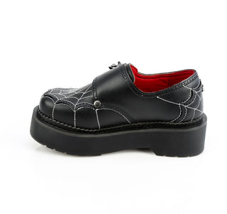 Inner side view of Demonia Rebel-03 platform oxford shoe with spiderweb stitching and red lining.